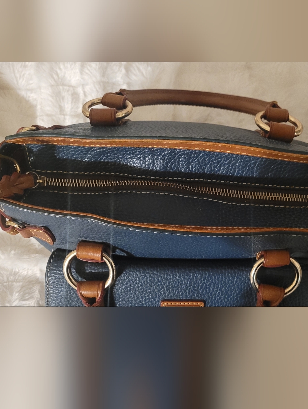 LOW START Dooney & Bourke Pebble Grain Satchel Dark Teal & Tan EUC - Picture 3 of 16